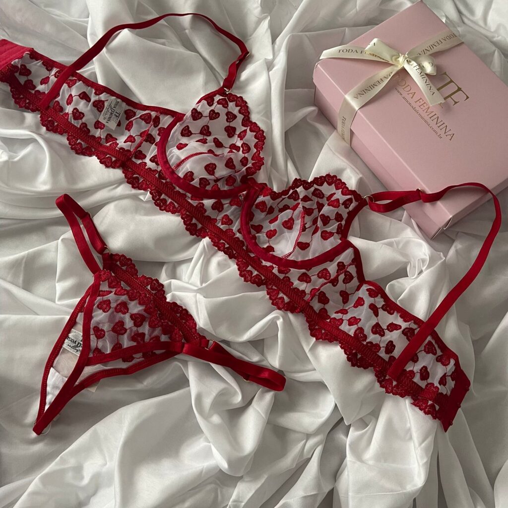 Conjunto De Lingerie Tule Bordado Cora O Sem Bojo Aro Vermelho