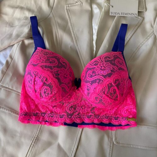 Conjunto de lingerie em renda sutiã com bojo e calcinha string dupla fio  dental rosa neon com rosa babaloo – Mia – Toda Feminina